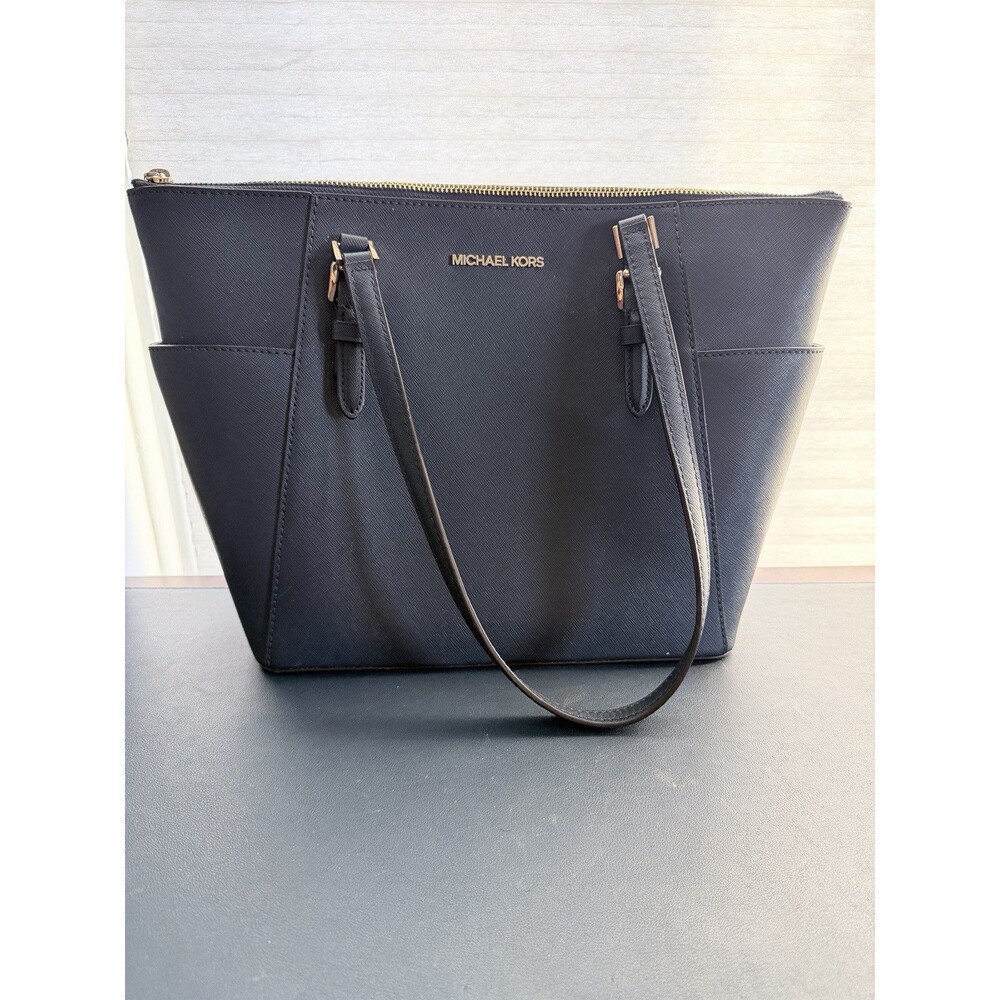 MICHAEL KORS Jet Set Travel Top Zip Saffiano Leather Tote Bag-Blue/Gold